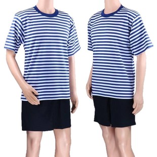 Summer Men's Athletic Training Suit Quick-Dry Breathable Military Fan T-Shirt Training Men's Blue and White Striped Short Sleeve