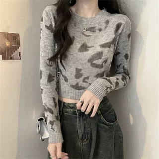 辣妹豹纹撞色短款打底毛衣女春秋收腰修身内搭针织衫高腰露脐上衣
