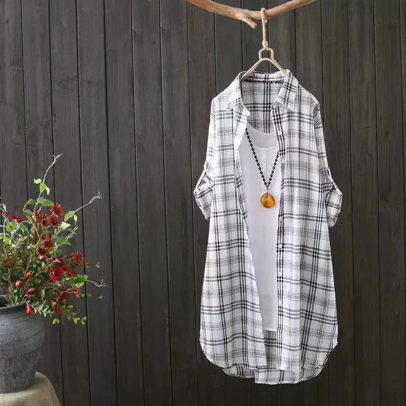 Клетчатая рубашка с длинными рукавами, женская средней длины, весна-осень 2021, новый стиль, свободный кардиган, солнцезащитная куртка, рубашка