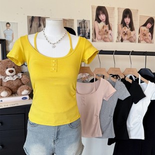 708 # Rayon Fake Two-Piece Halterneck Short-Sleeved T-Shirt for Women in Summer Pure Lusty Sweet Sexy Waist Slimming Look Short Top