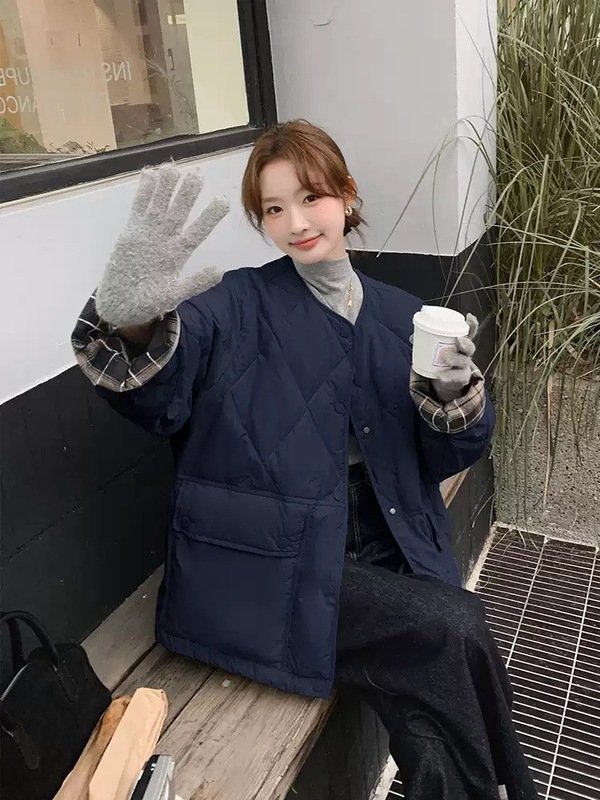 圆领格子拼接羽绒棉服女2025年新款轻薄短款小个子宽松棉袄外套潮|undefined
