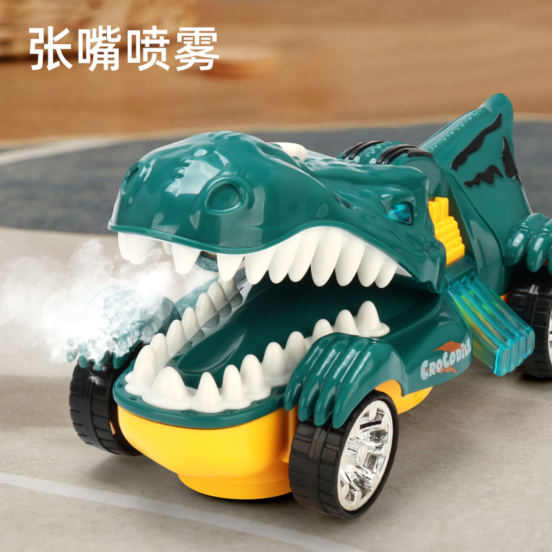 Nuevos productos eléctricos mecánicos cocodrilo carro de guerra universal música iluminación spray cocodrilo coche de juguete para niños puzzle al por mayor