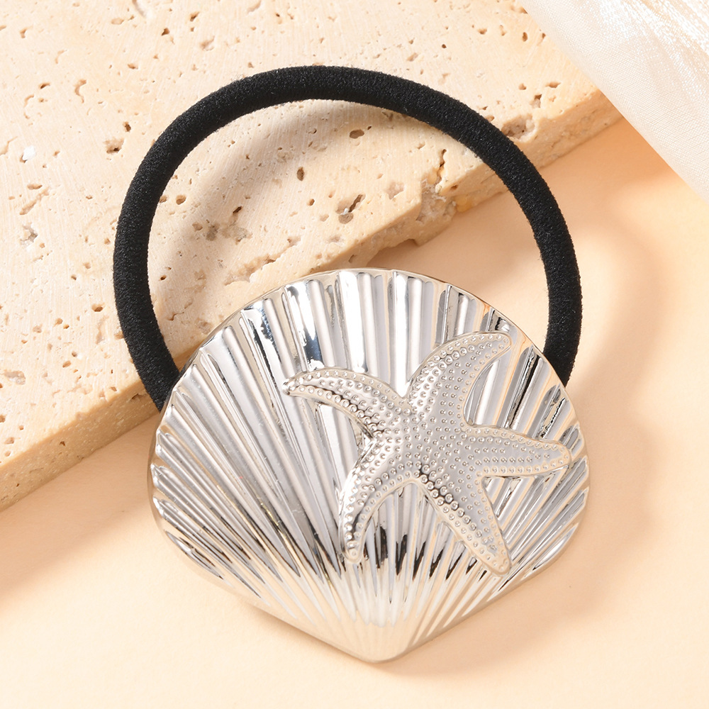 2025 nuevo diseño, personalidad, estrella de mar de metal, anillo para el cabello de concha, todo fósforo, cuerda para el cabello de viento frío, cuerda para el cabello de temperamento retro
