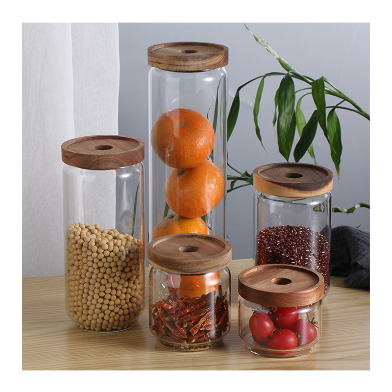 Tapa de madera de acacia frasco de té de vidrio transparente cocina del hogar almacenamiento de productos secos y acabado de frasco sellado frasco de almacenamiento de vidrio