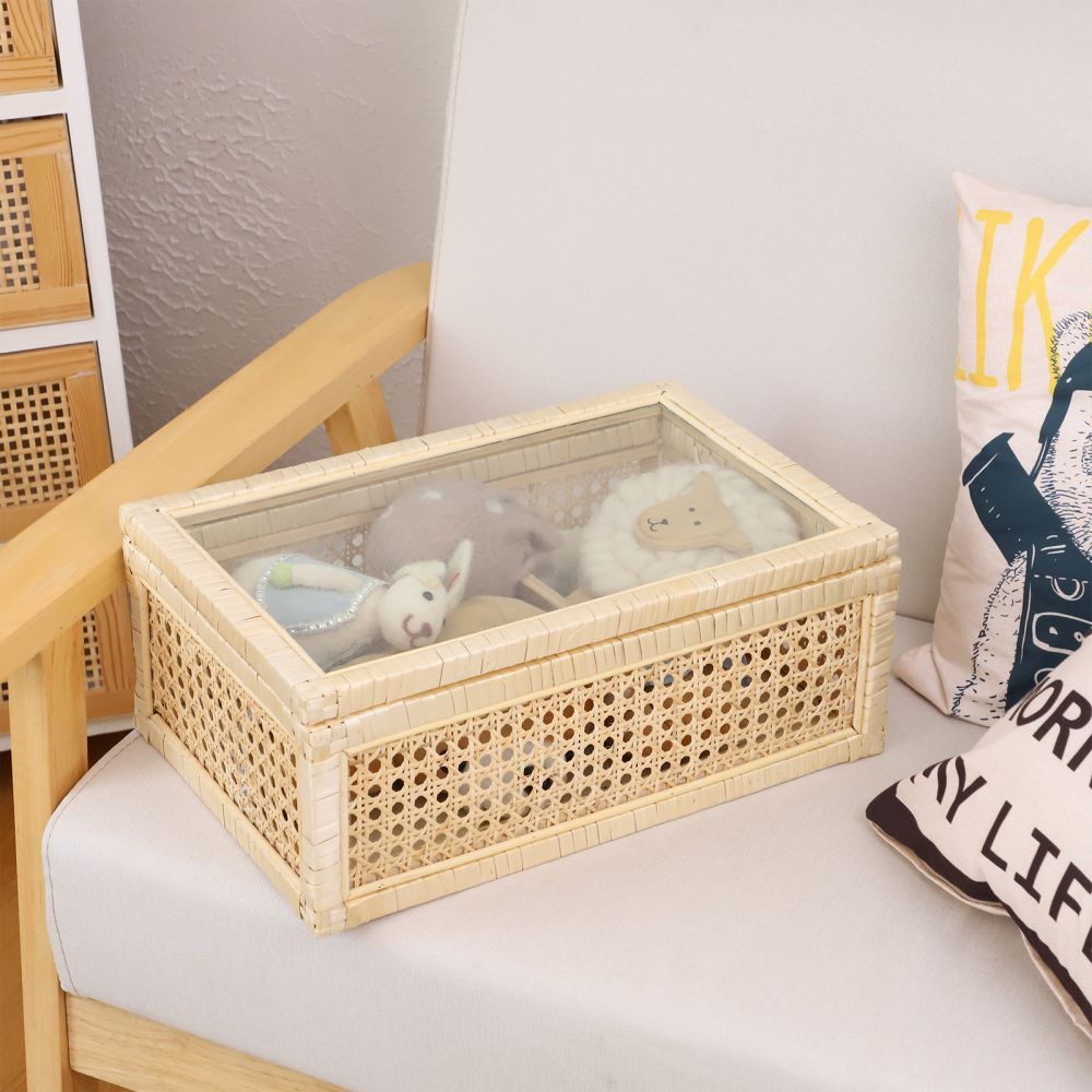 Cesta de almacenamiento de caña personalizada transfronteriza tejida a mano cubierta caja de almacenamiento de juguetes libros de escritorio cesta de almacenamiento