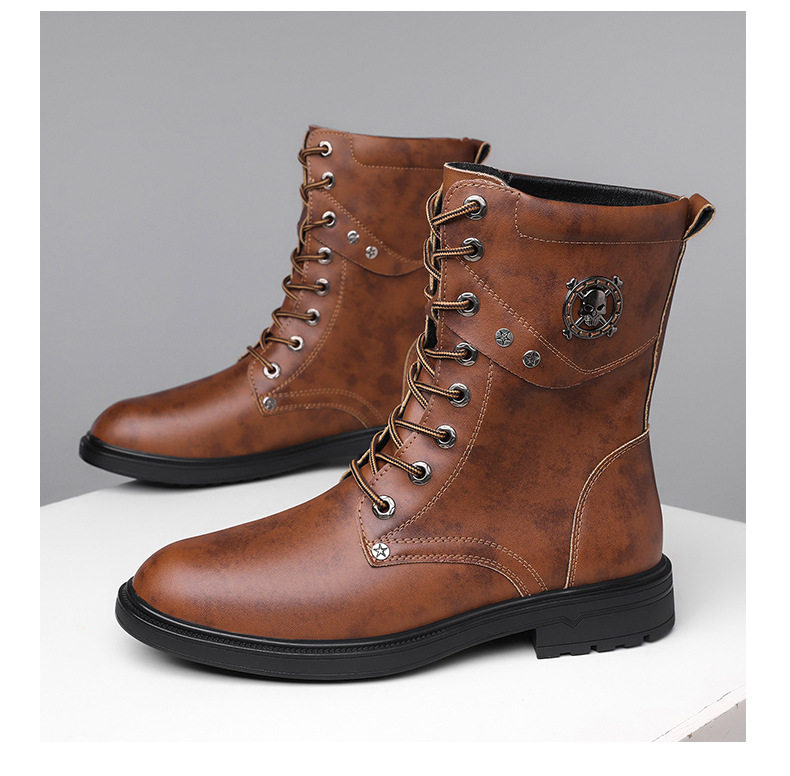Giày bốt Martin nam cổ cao dây buộc mũi rộng phong cách denim, đế cao su chống trượt thoáng khí nhẹ nhàng — Màu nâu lót bông, Màu nâu lót da, Màu đen lót bông, Màu đen lót da chi tiết 18