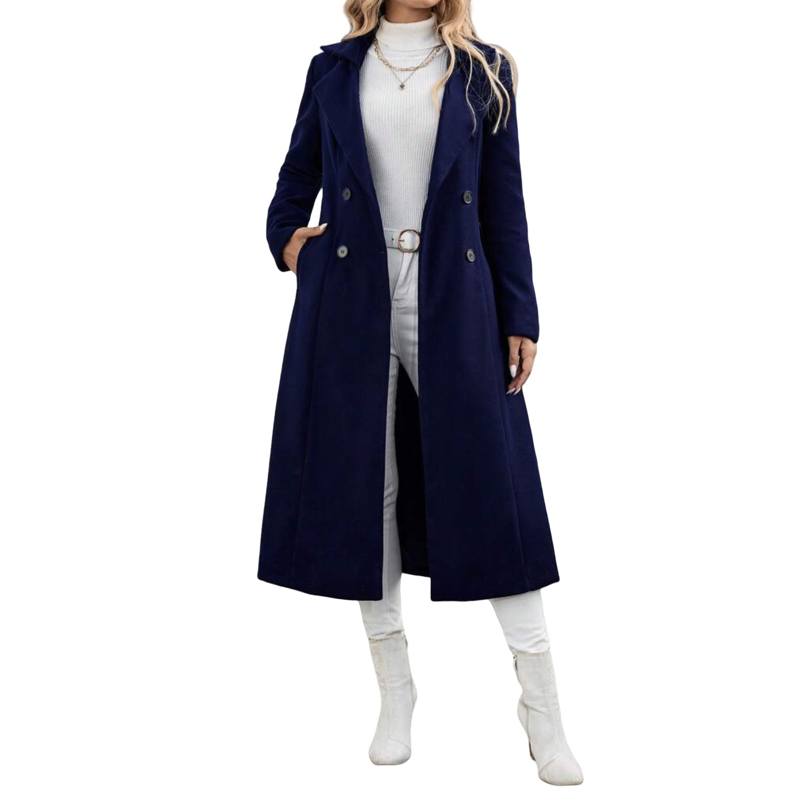 Damen-Doppelreiher-Mantel aus Wollmischung mit Reverskragen, Bindegürtel und langem Design – Lässiger Wintermantel 2026_voghion.com
