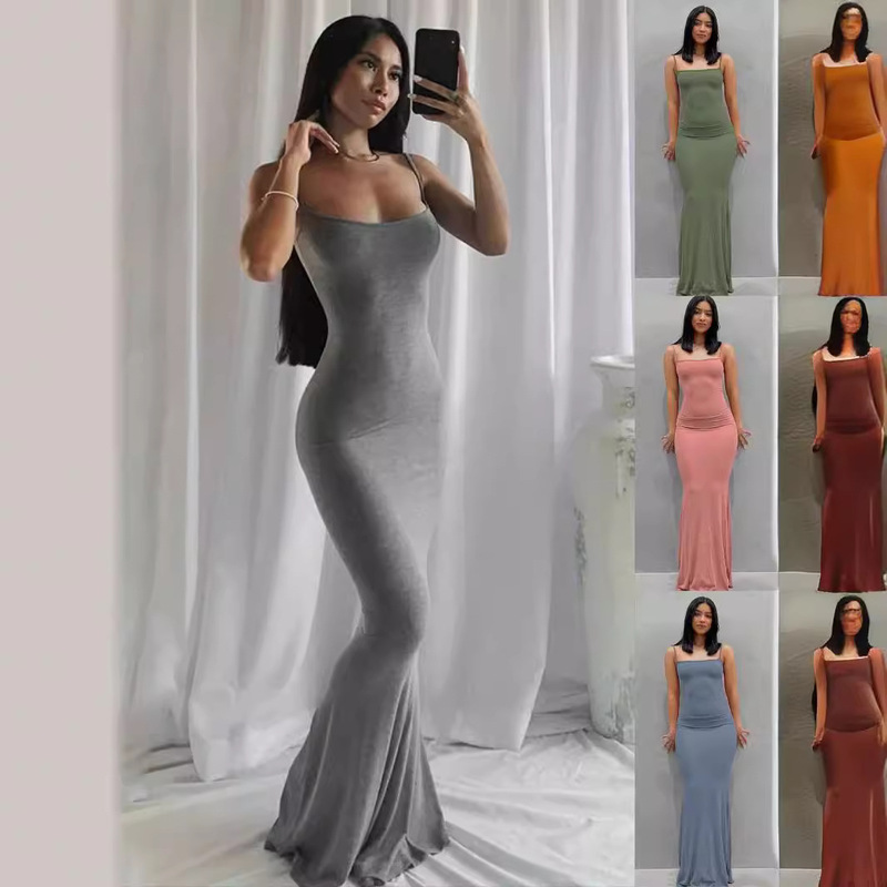 European and American Ins Kardashian Skims Solid Color Slim Thai Hot Girl Slim-Fit Sling Fishtail Home Casual dress