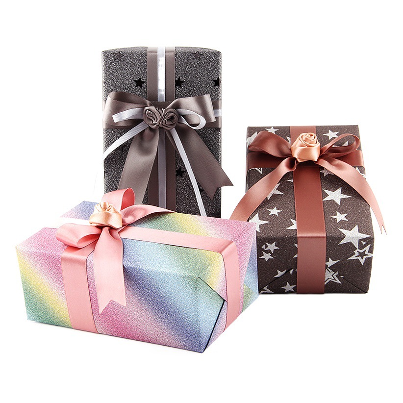 Papel especial de Amazon, papel brillante, papel de regalo, papel con purpurina, papel recubierto con película multicolor, papel de regalo al por mayor, recuerdos