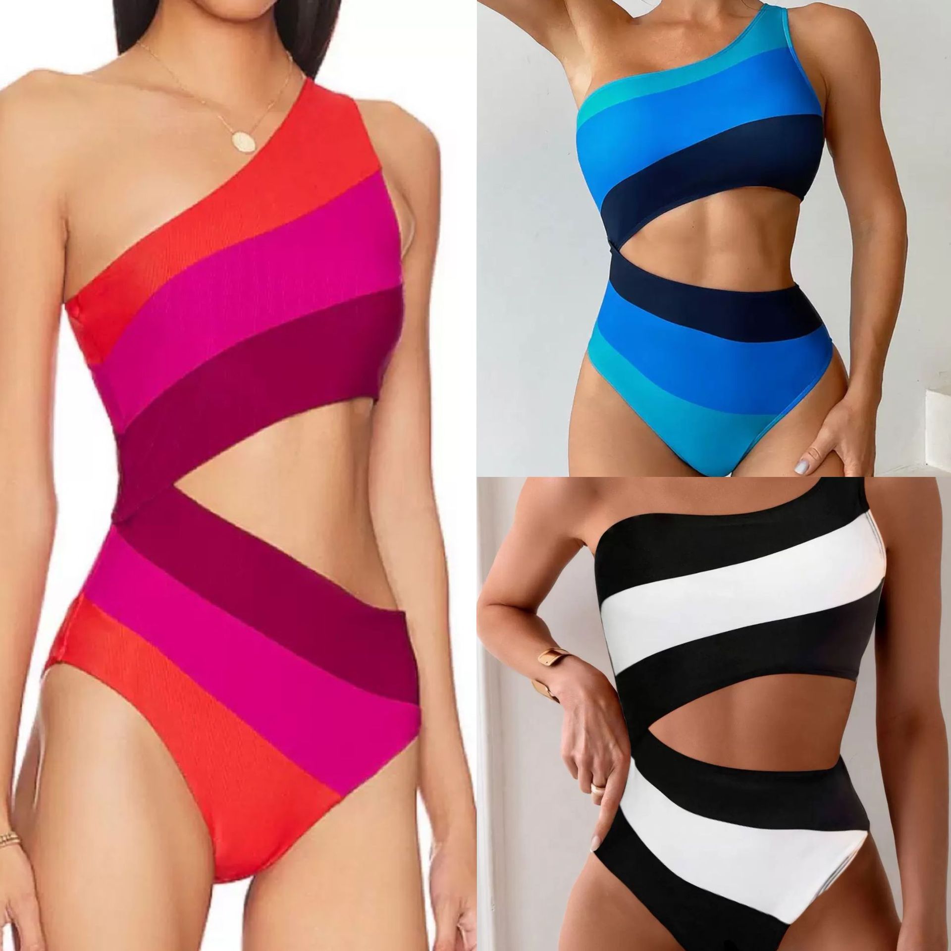 2024 New color matching one-piece swimsuit oblique shoulder sexy high fork cross-border swimsuit