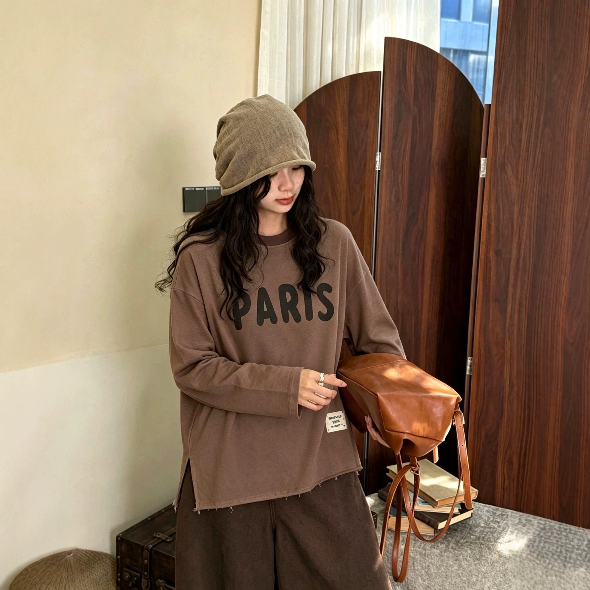 韩版棉卫衣女宽松圆领字母印花长袖上衣复古做旧休闲套头衫 均码
