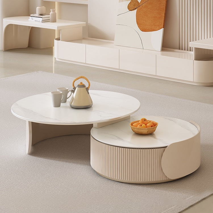 Mesa de té de estilo crema francés TV combinación sala de estar hogar simple moderno tamaño retráctil redondo diseñador mesa de té