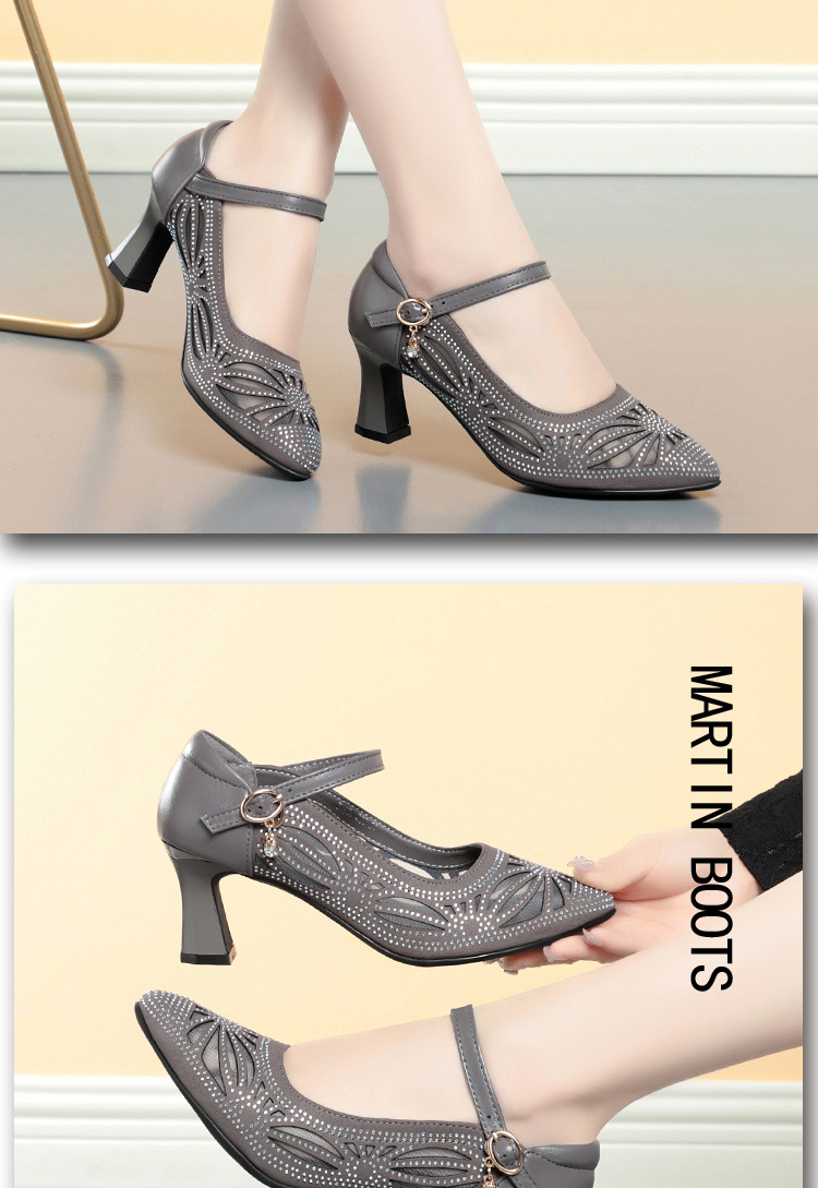 Sandal cao gót nữ hở mũi da lưới thoáng khí, gót vuông ổn định — Màu be chi tiết 7