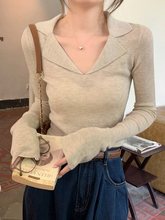 设计螺纹polo翻领针织毛衣女春季秋装V领法式内搭长袖打底衫上衣