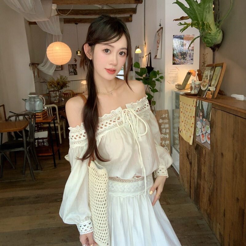 Seaside Resort Style One-Shoulder Strap Long-Sleeved Shirt Women's Autumn High-Waist Slim Skirt French Two-Piece Set