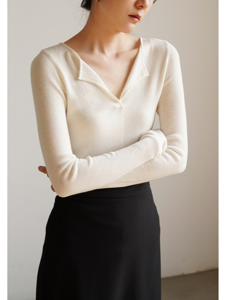 SS STUDIO フレンチスタイルのゆったりとした襟付きカシミヤVネックニットセーター レディース 秋冬用インナーウェア