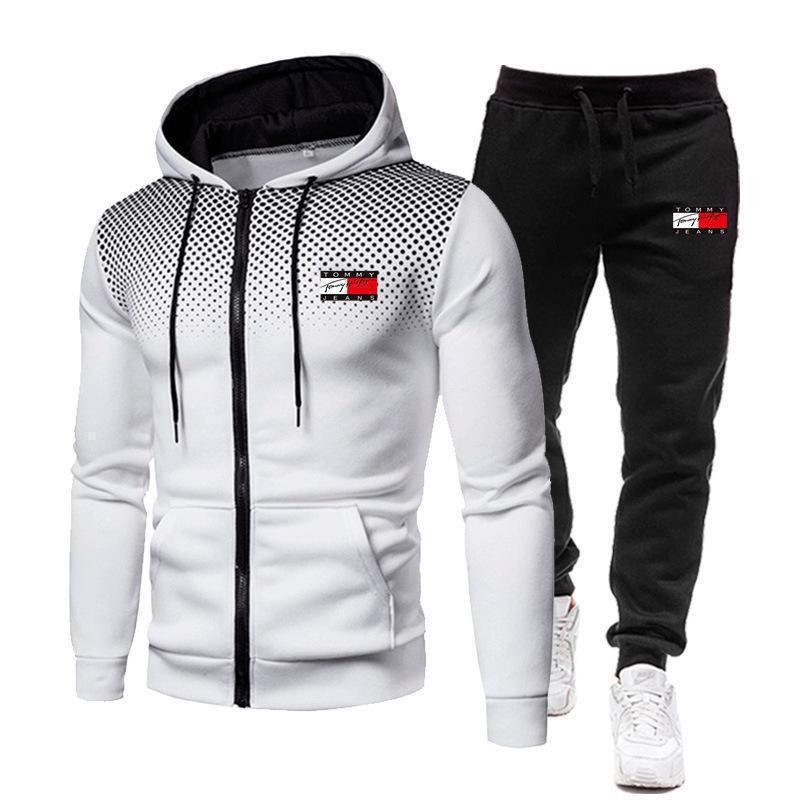 New Cross-Border Men's Tommy Print Sports Sweatshirt Zipper Set Casual Fashion Hoodie Pants for Men