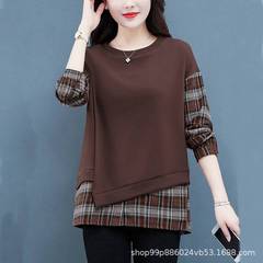 Plaid fake two-piece T-shirt for women's new spring clothes mother long-sleeved tops and small shirts for autumn new products foreign trade splicing