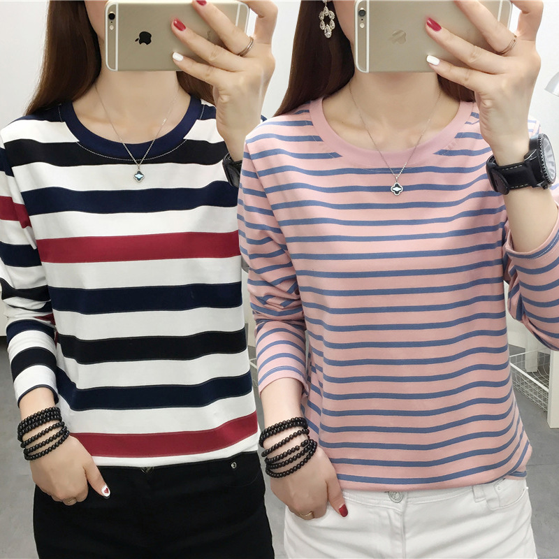 Autumn Clothes Plus Size Loose Striped Long-sleeved T-shirt Women's Middle-aged Mother's Pure Cotton Autumn Clothes Women's Outer Wear Base Shirt