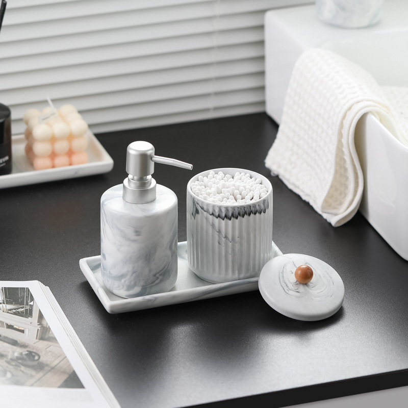 Botella de emulsión de cerámica tipo prensado desinfectante de manos botella de embalaje de baño de hotel botella de embalaje de algodón lata de lavado conjunto de bandeja