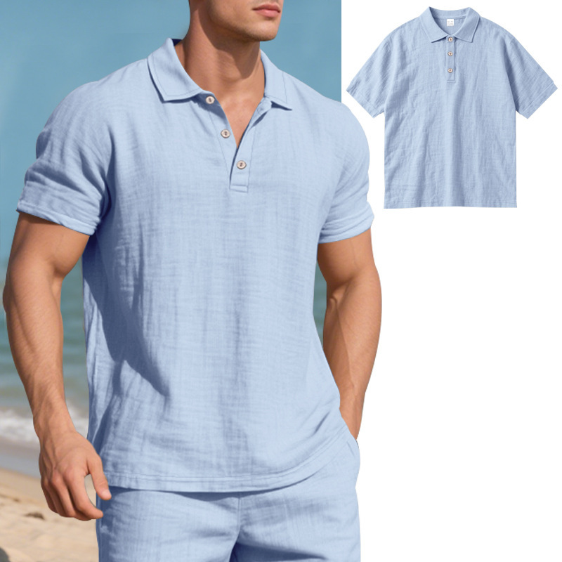 Transfronterizo europeo y americano verano hombres estilo británico tendencia suelta lino transpirable casual solapa hebilla camisa POLO manga corta