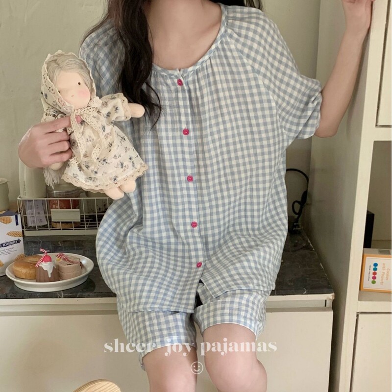 Cotton Washed Yarn-dyed Double-layer Yarn Crewneck Short-sleeved Shorts Pullover Pajamas Simple Plaid Home Clothes Cream Plaid