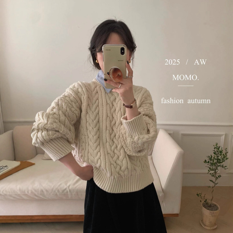 Dongdaemun Korean Style Eight-Piece Twist Soft Autumn and Winter Round Neck Thick Pullover Sweater Versatile Slimming Women's Knitwear