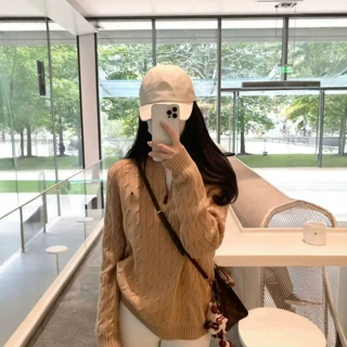 高品质RL拉夫麻花毛衣女秋冬新款半拉链宽松外穿上衣圆领套头针织