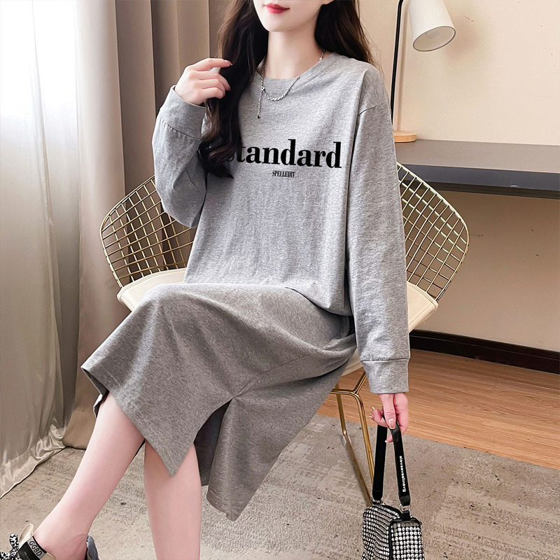 Cotton Long-sleeved Over-the-knee dress Women's Autumn Clothing Korean Loose plus size Pregnant Women Lazy People Home T-shirt Pajamas Skirt