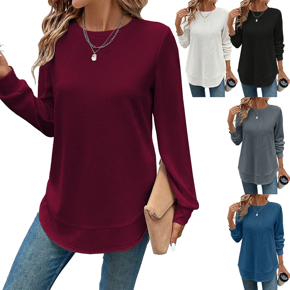 Женская одежда больших размеров в европейском и американском стиле, осенне-зимняя повседневная футболка с круглым вырезом, элегантный однотонный вязаный топ в клетку.