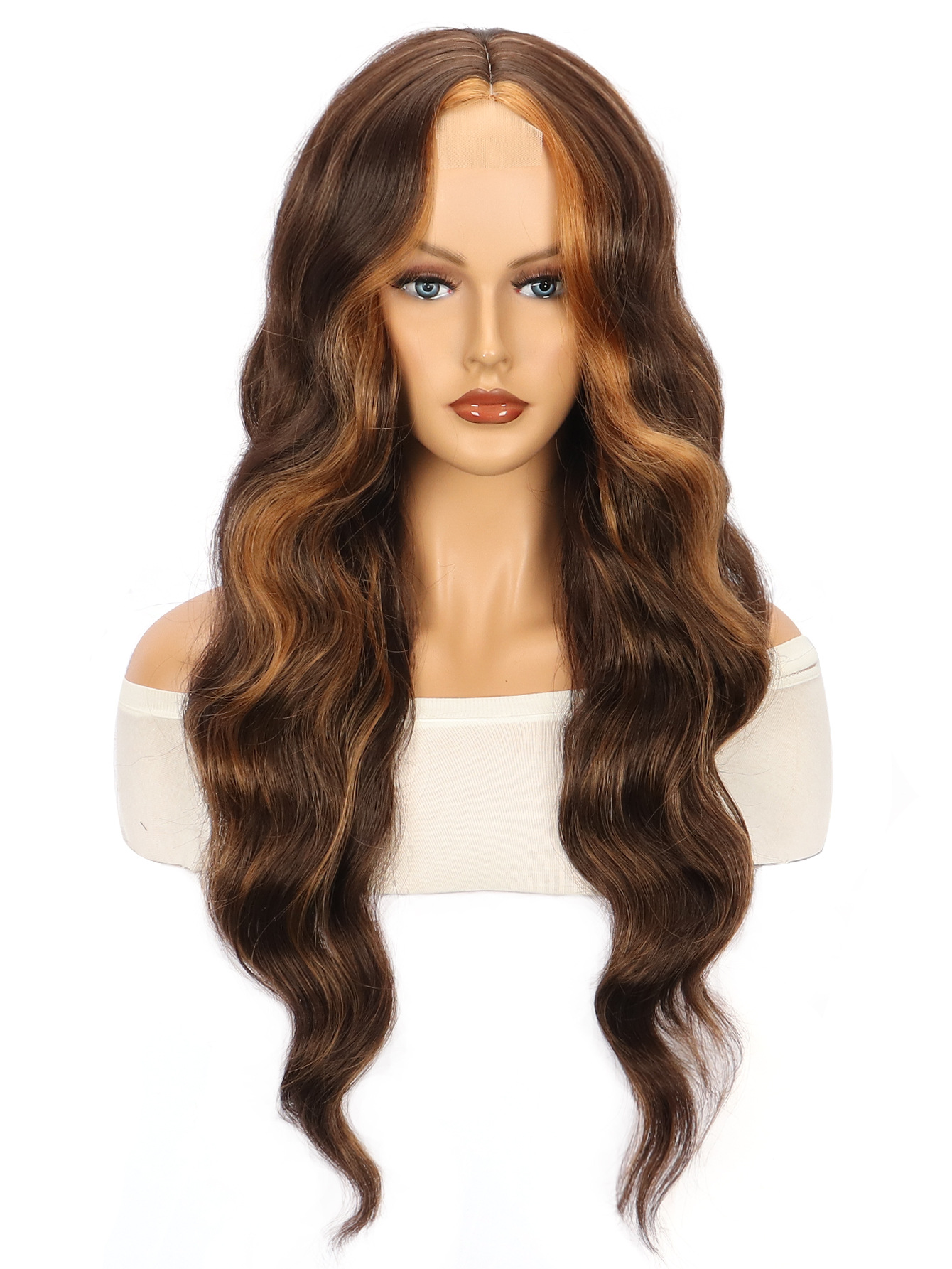 Amazon nuevo marrón onda grande largo rizo pelo de fibra química frente encaje señoras peluca pequeño en stock