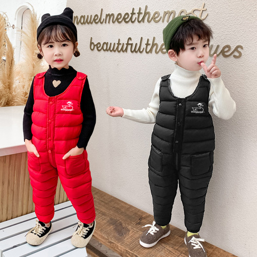 Autumn and winter children's pocket down cotton pants for infants and toddlers, adjustable jumpsuits for children, thick bibs for small and medium-sized children