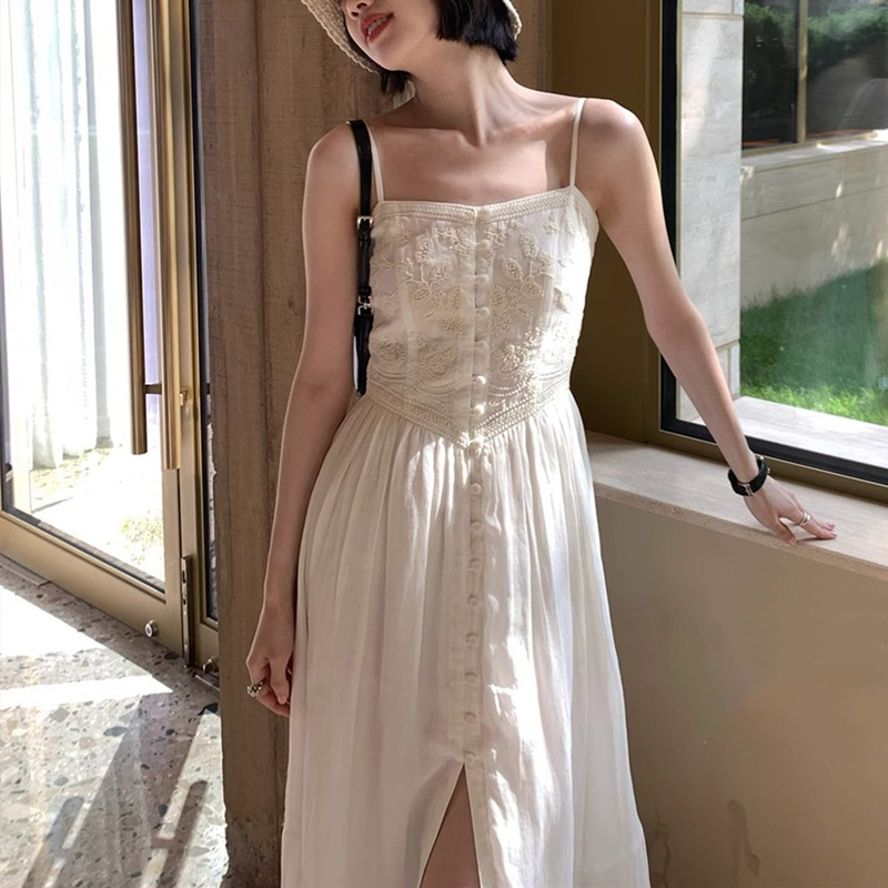 Lucerne Lakeside Private Clothing Love White Skirt ~ Heavy Industry Positioning Embroidery Ramie Tencel Sling Waist dress