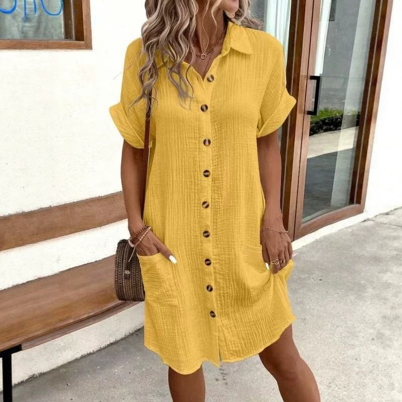 2025 Amazon European and American Cross-Border Casual Solid Color Cotton-Linen Buttoned Long Short-Sleeve Loose Shirt Dress for Women