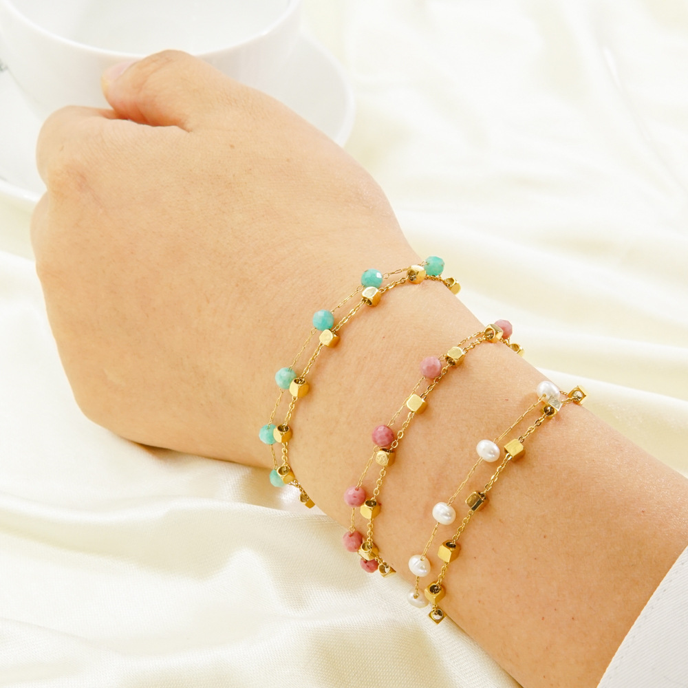 1 Piece Quantity PVD Coated 14K Gold Real Gold Plated Ball Stainless Steel Natural Stone Freshwater Pearl Waterproof Non Tarnish 304 Stainless Steel Bracelets