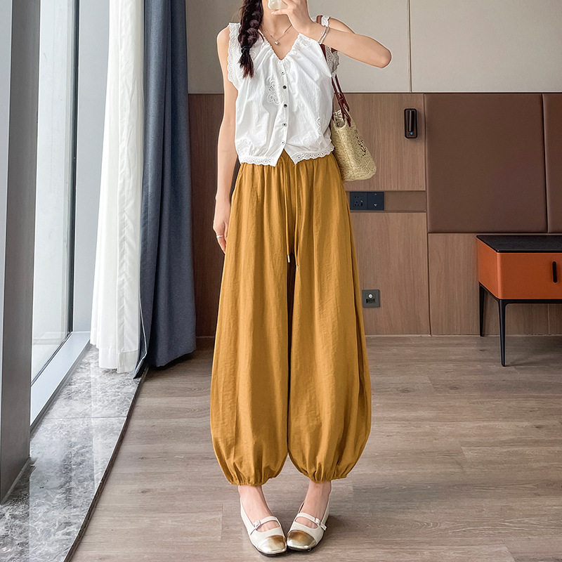 女性用夏綿麻ブルマー、夏薄手カジュアルパンツ、レギンス9点パンツ、リネンハイウエストレイジースタイル花蕾パンツ|undefined