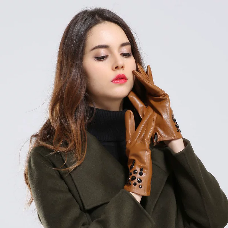 Demi-season keep warm gloves, classic elegant set, genuine leather, direct factory sales