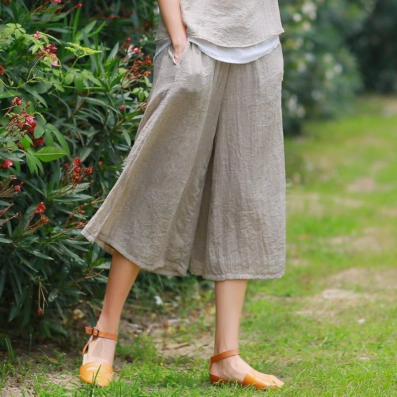 Summer New Arrival Cropped Wide-Leg Pants Women's Loose Elegant Solid Color Cotton and Linen Vintage Artistic Casual Straight Pants for Children