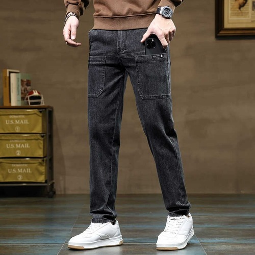 High-quality Summer Men's Jeans 2024 Trendy Retro Six-Pocket Straight Leg Elastic Long Pants