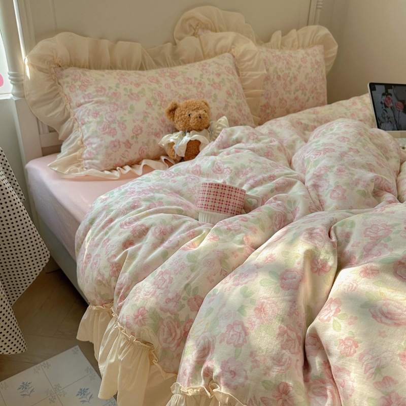 New Type a Girly Heart Lace Floral Pure Cotton Double-Layer Yarn Four-Piece Set Pure Cotton Bed Bed Sheets Quilt Cover Bed Bed Sheets Three-Piece Set 4