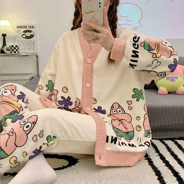 220 jin transfronterizos al por mayor tamaño M - 6XL pijamas de franela de invierno Cardigan con camisa de lana gruesa set de ropa para el hogar