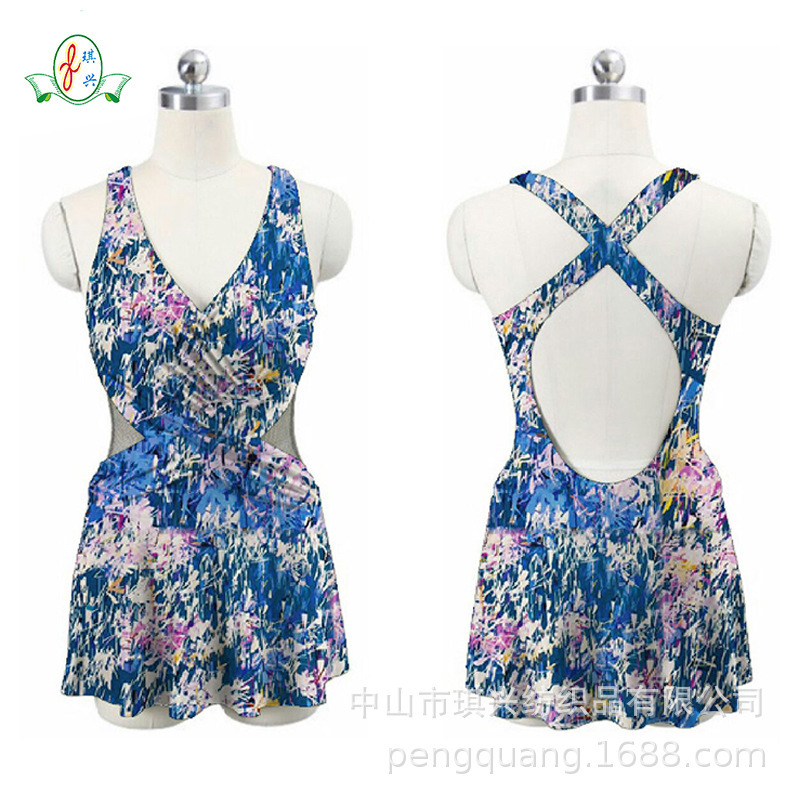 厂供 新款扎染小碎花印花高弹布料180g OEKO露背吊带裙泳装时尚