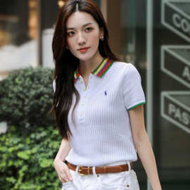 高品质RL拉夫镂空POLO衫编织短袖色撞色翻领针织短袖百搭女上衣