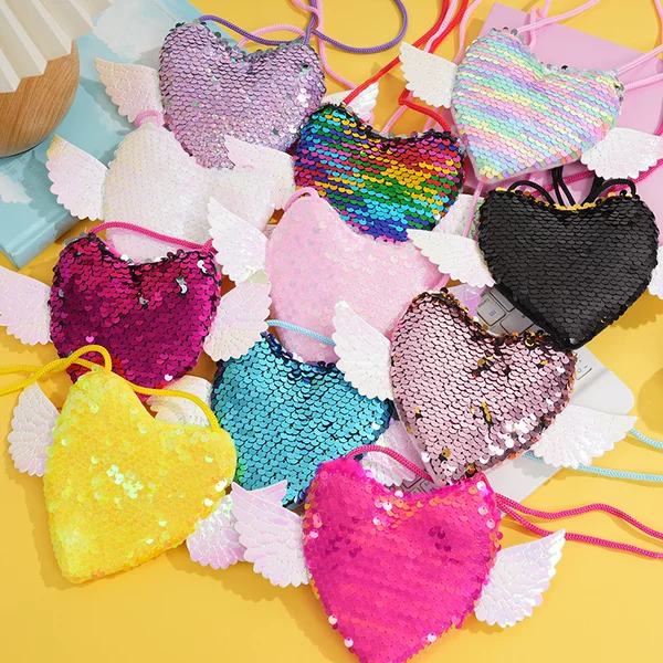 E-Commerce Heart-Shaped Two-Tone Sequin Small Wing Crossbody Bag Single Shoulder Children's Coin Purse New Korean Style Small Wallet