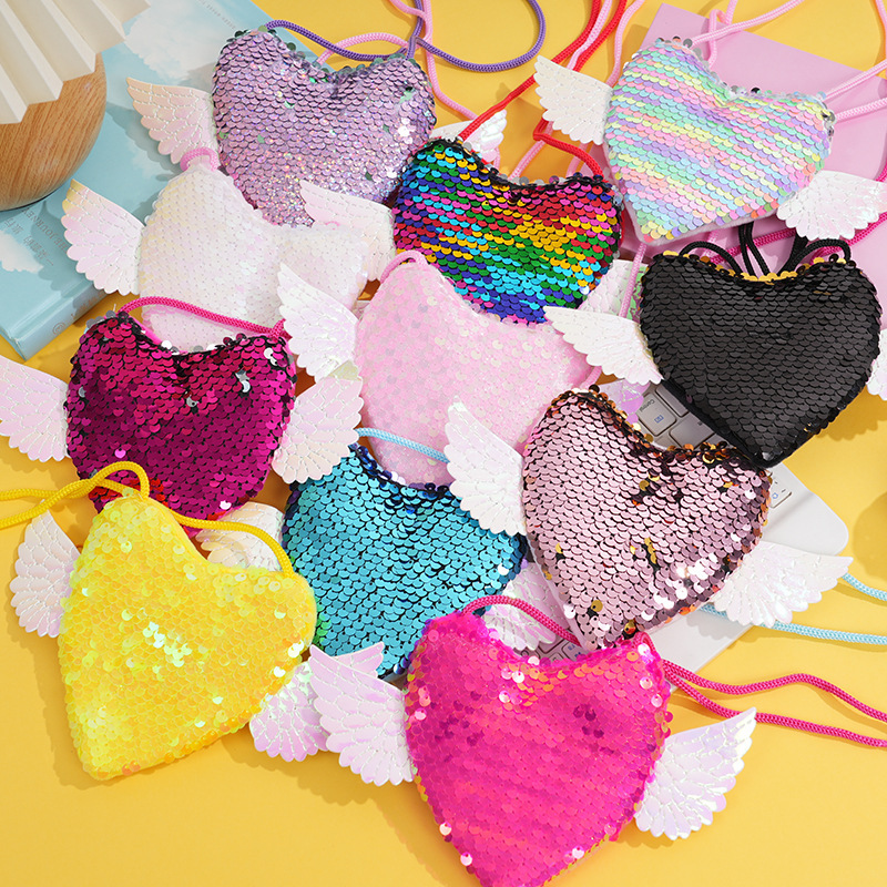 Cross-Border Heart-Shaped Sequin Wing Lanyard Crossbody Bag Single Shoulder Children's Coin Purse School Bag New Korean Style Crossbody Wallet