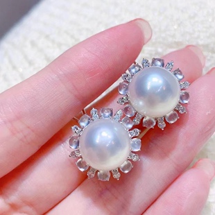 Socialite temperament s925 silver white chalcedony natural pearl set 11-12mm Edison pearl ring earrings