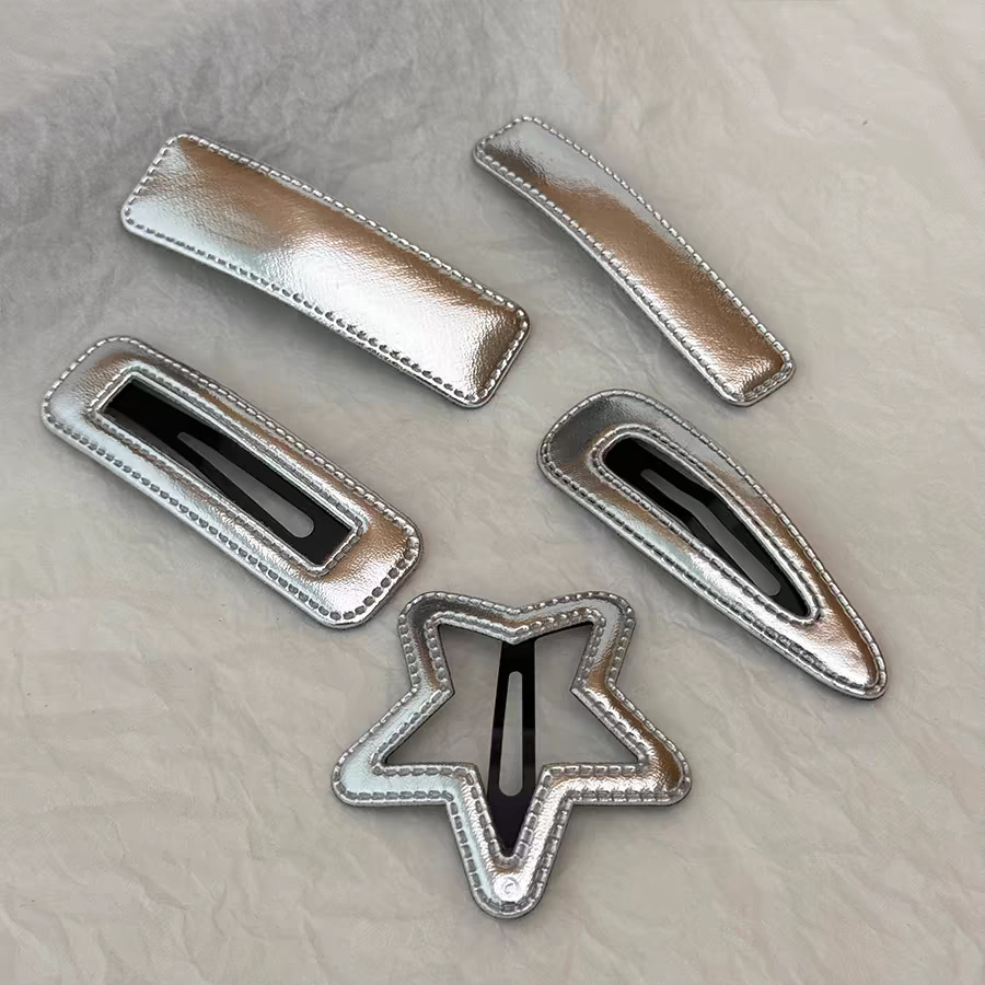 Silver Leather Bb Clip Large Hairpin for Girls, Side Bangs Clip, Basic Simple Versatile Hair Accessory