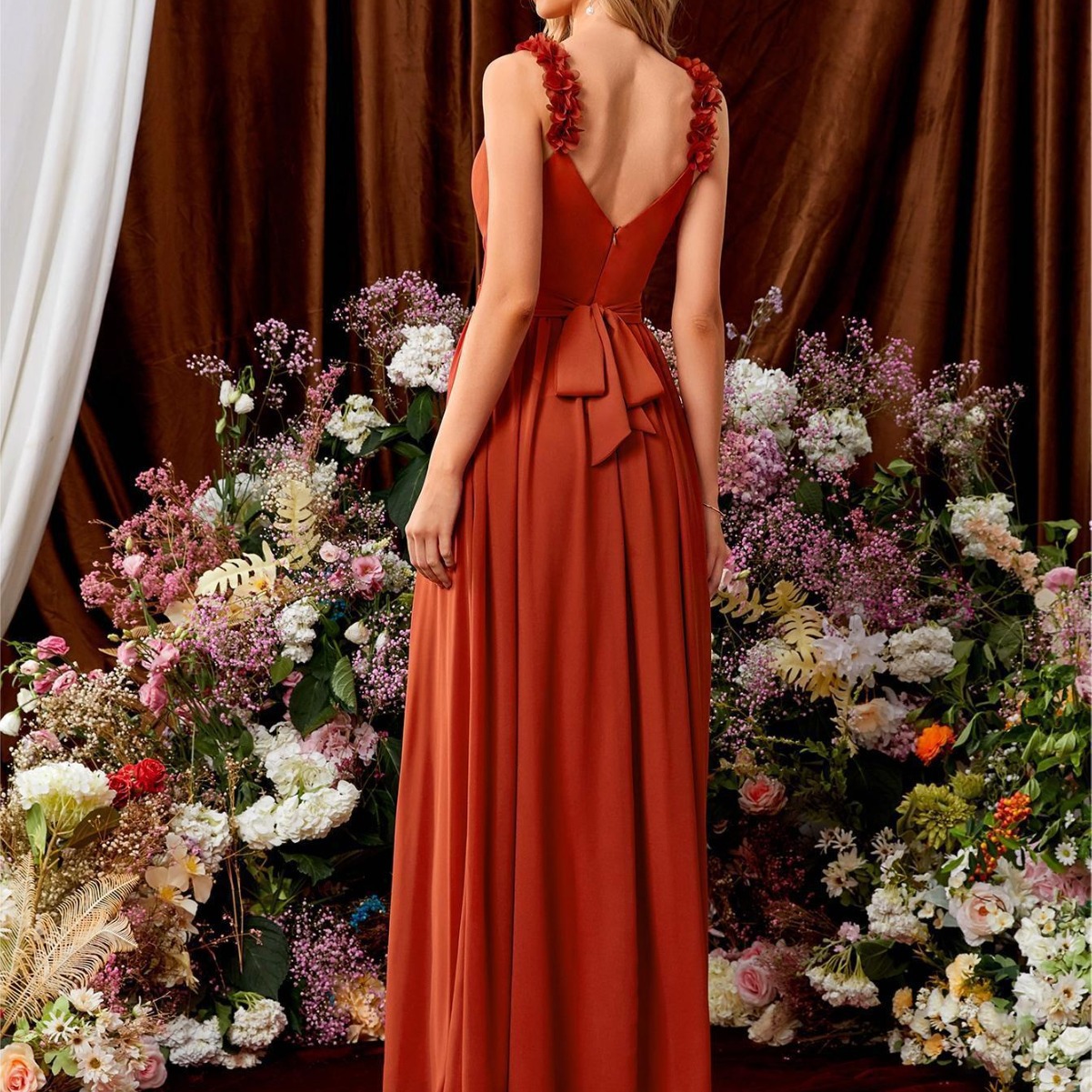 Cuello en V camisola vestido de noche de encaje plisado sin respaldo sexy elegante gran swing vestido de baile vestido de fiesta vestido de dama de honor primavera