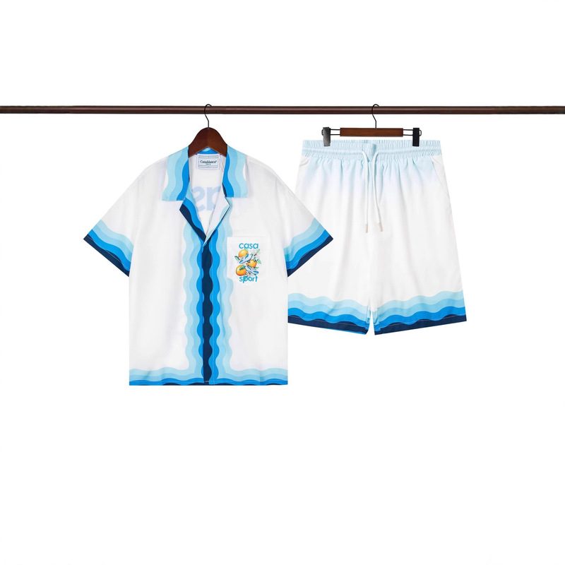 Complete Set of Three Items: Casablanca Digital Print Tie-Dye Short-Sleeve Shirt, T-Shirt, Shorts Beach Set for Couples Complete Set of Three Items: Casablanca Digital Print Tie-Dye Short-Sleeve Shirt, T-Shirt, Shorts Beach Set for Couples