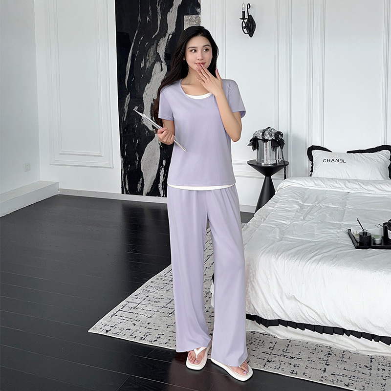 Cross-Border Exclusive Supply: Women's Summer Short-Sleeve Long-Pants Pajamas with Chest Pads, Plus-Size, Suitable for Outerwear, Women's Modal Loungewear